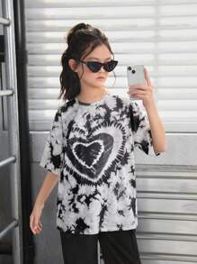 SHEIN Tween 女孩休閒運動圓領落肩心形圖案紮染短袖夏季 T 卹 - 黑色 - 查看 6