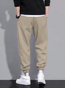 EURMUSE Men's Letter Print Drawstring Waist Jogger Pants - Beige - View 2