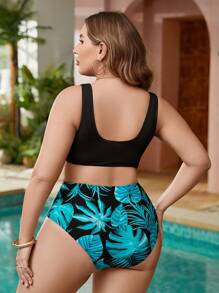 SHEIN Swim Curve Summer Plus Size Ribbed Knit Top With Circular Decor And Tropical Print Triangle Bikini Set - Multicolor - View 2