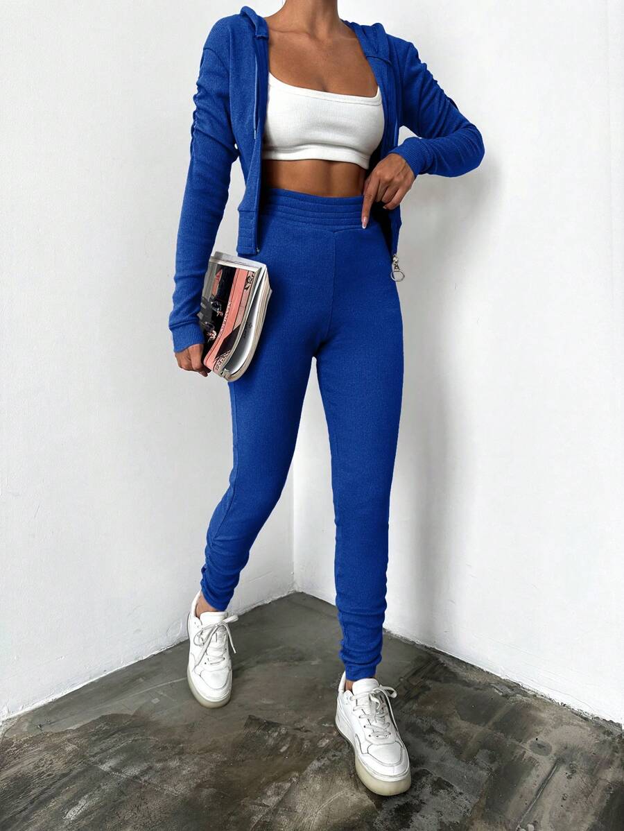 EURMUSE Zip Up Drawstring Hoodie & Ruched Leggings - Blue - View 1