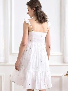 Simple Retro Women Ruffle Floral Embroidery Slip Midi Dress - White - View 2