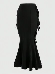 ROMWE Goth 女用鏤空設計不對稱下擺荷葉邊半身裙 - 黑色 - 查看 2