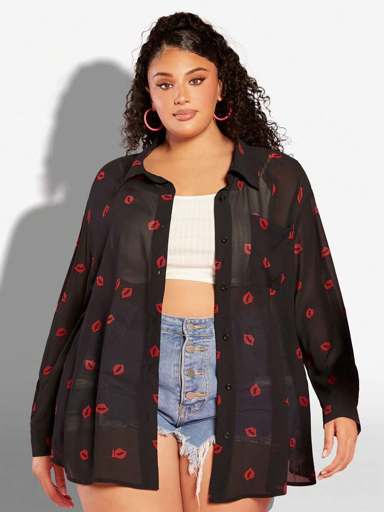 Plus Size Women's Lips Printed Long Sleeve Shirt/Valentine's Day