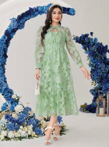 Modelyn Đầm dạ hội dài buộc cổ Jacquard cho nữ - màu xanh lá - Xem 8