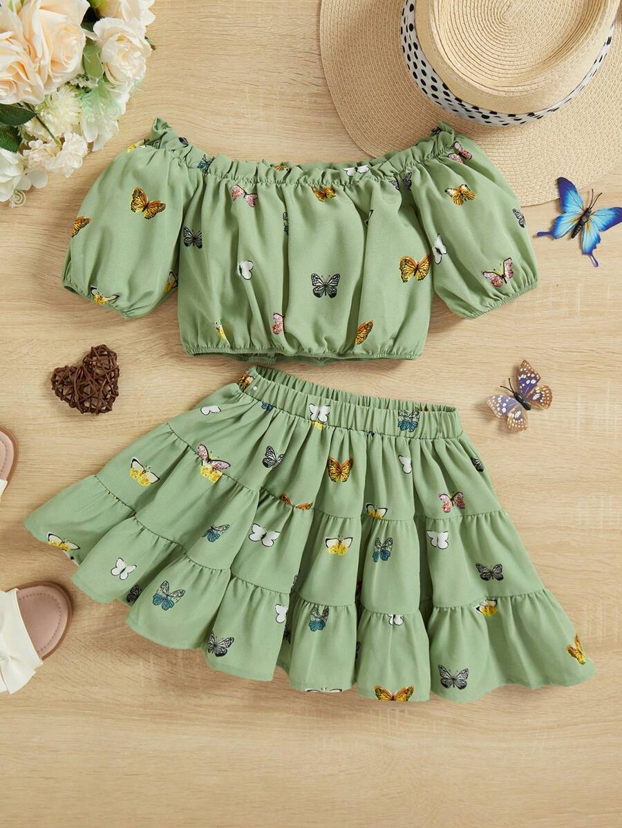SHEIN Conjunto De Ropa Informal Y Linda Con Estampado De Mariposas Para Chicas Jóvenes, 2 Piezas Por Conjunto - Verde - Ver 1