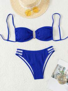 SHEIN Swim Summer Women's Solid Color Bikini Set With U-Shaped Metal Buckle Decoration - Royal Blue - View 1