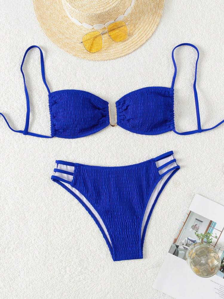 Summer Women's Solid Color Bikini Set With U-Shaped Metal Buckle Decoration