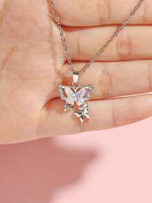 ROMWE Kawaii 1 Pieza Dulce Y Fresco Estilo De Pareja Cuento De Hadas Temático Del Bosque Con Múltiples Colores De Decoración De Pedrería Y Colgante De Mariposa - Plateado - Ver 8