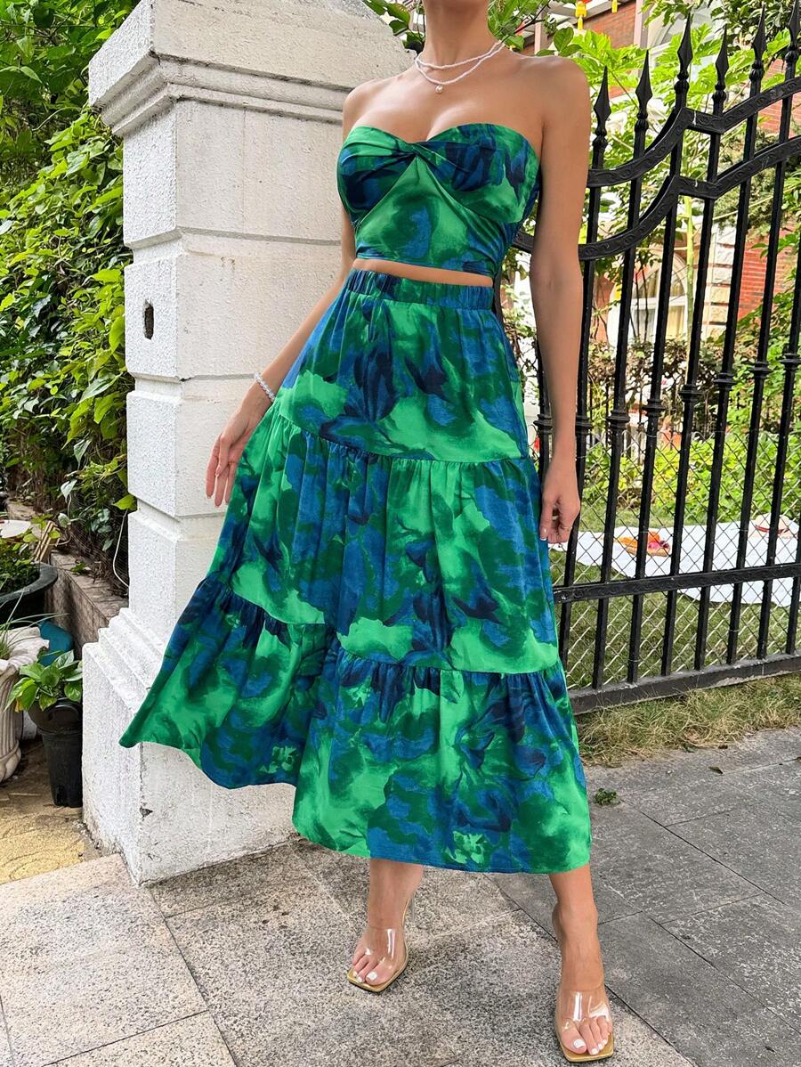 SHEIN Essnce Bộ đồ hai mảnh in họa tiết không dây dành cho nữ - màu xanh lá - Xem 1