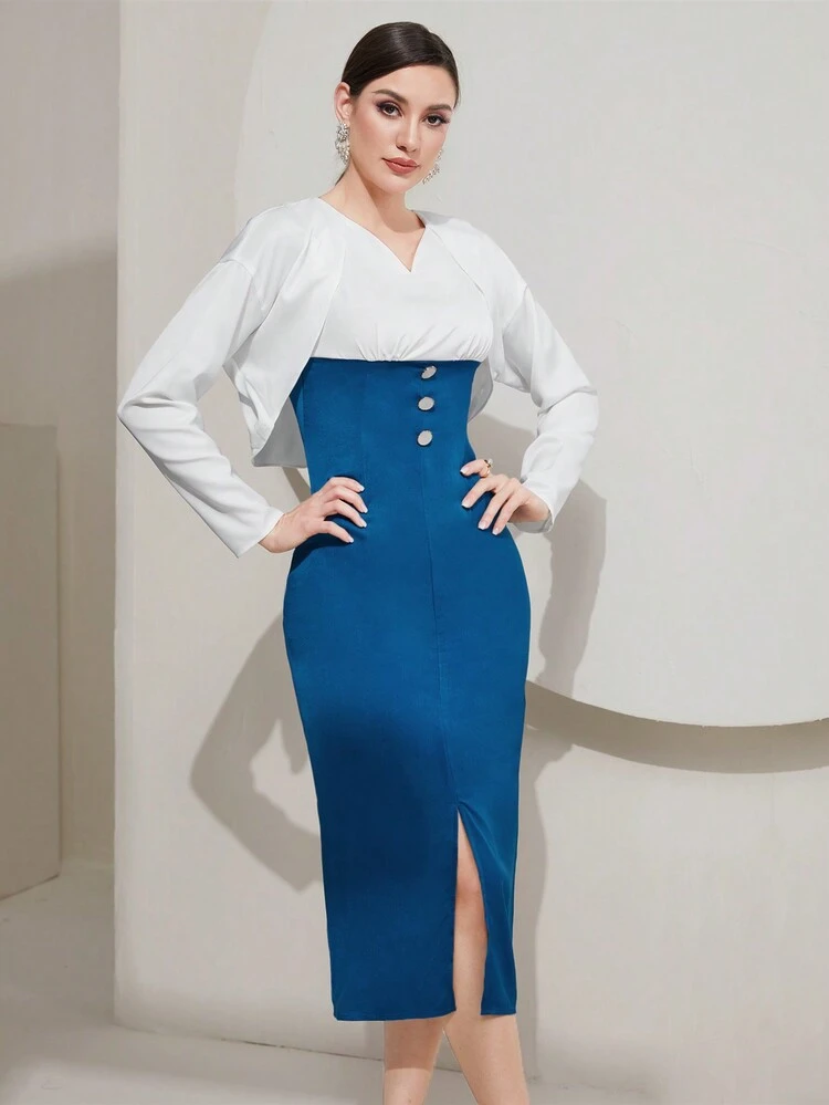 Women's V-Neck Button Decorated Color Block Dress