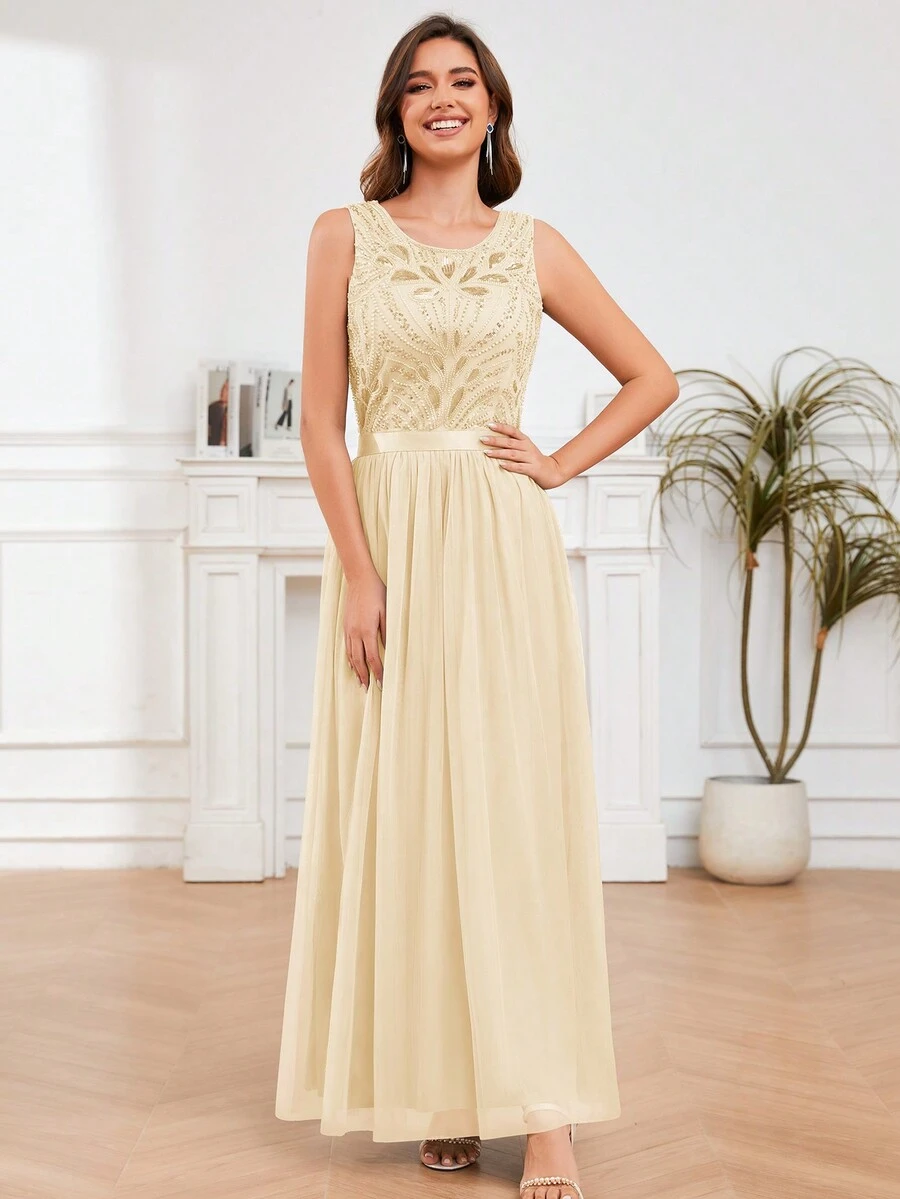 Round Neck Beaded Party  Dress Cocktail Dress - Champagne - View 1
