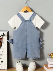 Baby Boy Neutral Cute Dinosaur Graphic Adjustable Denim Overall Shorts With Little Tail Details