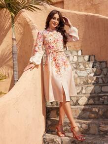 GENKIRA 女士立領花卉印花長袖單排扣連衣裙 - 彩色 - 查看 4