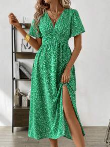 SHEIN Clasi Ladies' V-Neck Plant Printed Dress With Ruffle Sleeves And Side Slit - Green - View 1