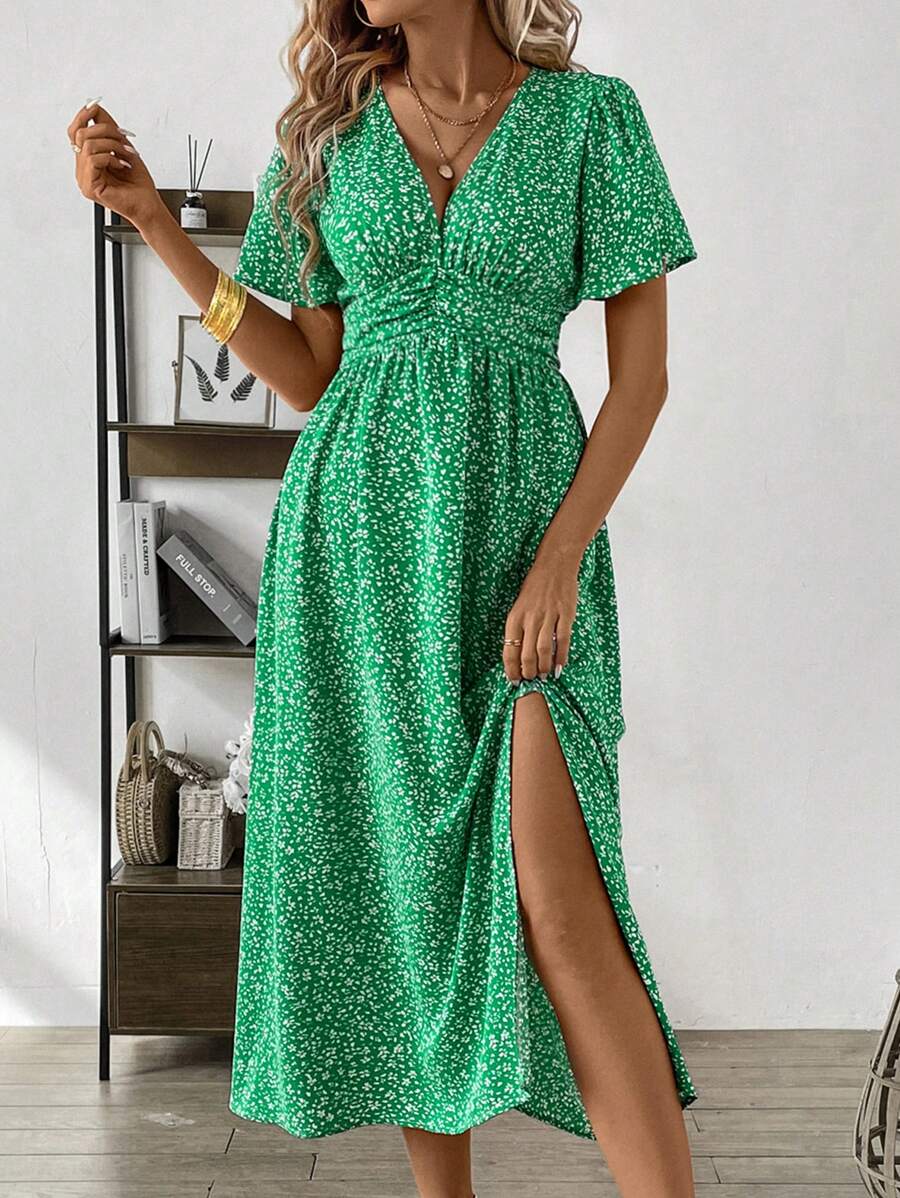 SHEIN Clasi Ladies' V-Neck Plant Printed Dress With Ruffle Sleeves And Side Slit - Green - View 1