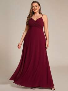 Plus Elegant V Neck Spaghetti Strap Ruched Bust Bridesmaid Gown Summer Long Dresses - Burgundy - View 1