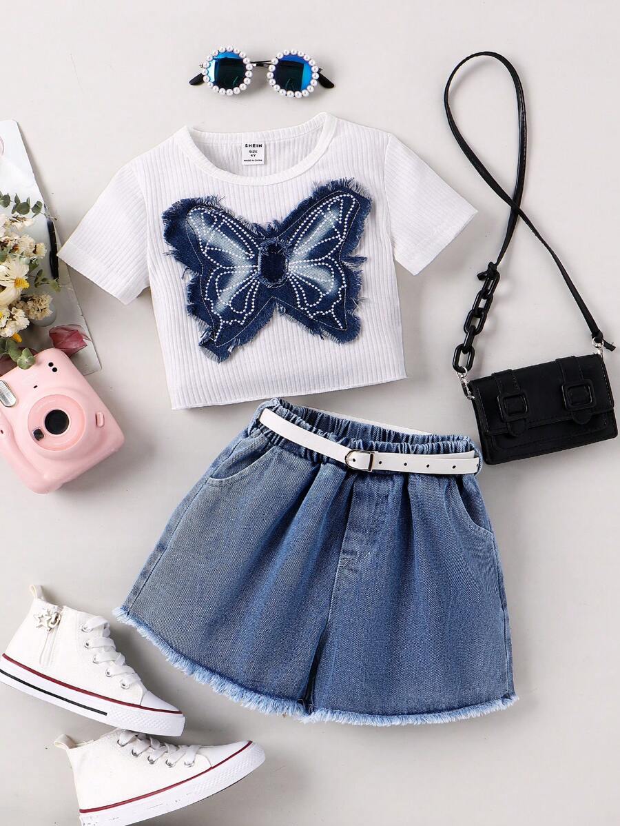 SHEIN 少女春秋時尚、可愛、甜美、活潑、簡潔風格,流行的蝴蝶拼接短袖t恤和短褲2件套裝 - 白色 - 查看 1