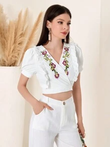 Women's White Short Sleeve V-Neck Embroidered Blouse - White - View 1