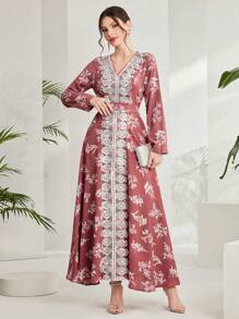 Al Najma Vestido De Abaya Para Mujer Con Estampado Y Bordado Árabe En La Parte Frontal