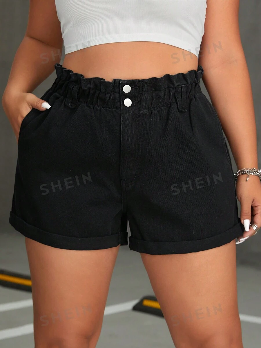 SHEIN ICON Pantalones Cortos De Mezclilla Con Doble Botón Y Cintura Elástica Para Mujer De Talla Grande