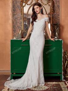 White Netted Yoke Lace Mermaid Wedding Dress