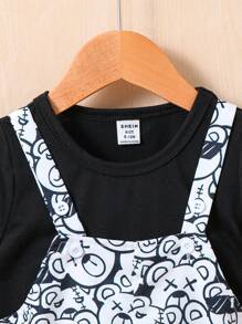 Conjunto Casual Para Bebé Niño Con Camiseta De Color Sólido, Lentes De Sol, Tirantes Con Shorts Con Patrón De Oso Y Cicatriz. Primavera/verano