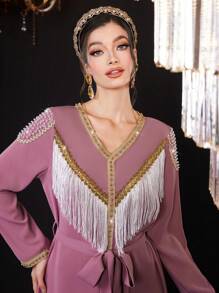 Al Najma Women's Long Sleeve Tassel Patchwork Arabian Style Dress - Pink - View 8