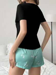 Conjunto De Pijama De Top Con Eslogan De Contraste Y Shorts Con Estampado De Letras - Multicolor - Ver 2