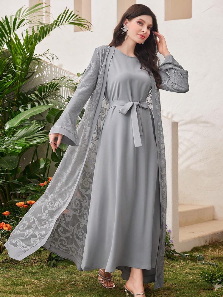 Al Najma 女士喇叭袖长袍、阿巴雅长袍和长袖端庄阿拉伯连衣裙套装 - 灰色 - 查看 6