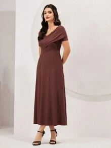 Modelyn Solid Colored Wrap Front Dress - Coffee Brown - View 3