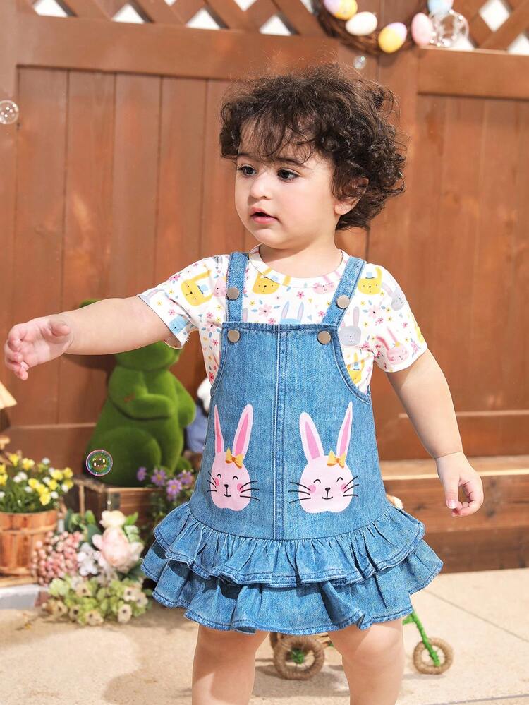 Baby Girl Cute Ruffle Strap Skirt Set With Cartoon Printed Short Sleeve Top