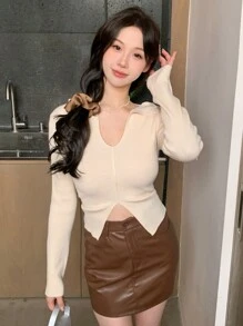 DAZY 女式纯色针织开叉毛衣，罗纹设计，秋季服装 - 杏色 - 查看 6