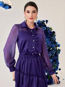 Modelyn Women's Solid Color Shirt Collar Lantern Sleeve Top And Tiered Ruffle Skirt Set 2 Piece Set - Purple - View 3
