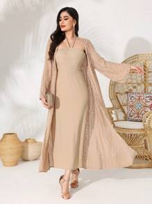 Modelyn Women's Solid Color Halter Neck Dress And Cardigan Two Pieces Set 2 Pieces Set - Khaki - View 8