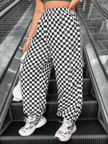 Flirla Women's Plus Size Checkerboard Cargo Pants - Black and White - View 3