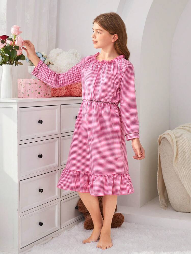 Tween Girl Plaid Print Long Sleeve Ruffle Hem Sleep Dress