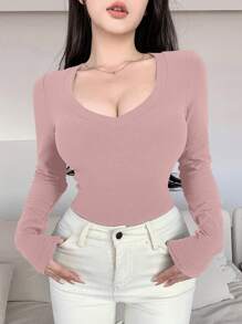 DAZY Solid Color V-Neck Slim Fit Long Sleeve Women's T-Shirt,Fall Women Clothes