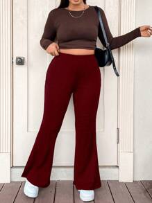Flirla Plus Size Women's Solid Color Flared Pants Fall Cloth For Women - Burgundy - View 6