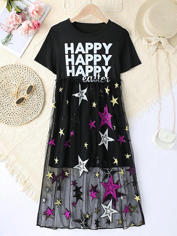Tween Girls' Casual Streetwear Style Mesh Dress With Letter Print, Star Sequin And Patchwork Design