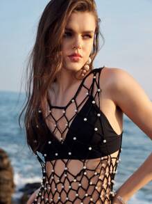 SHEIN EZwear 夏季女式华丽串珠钩针连衣裙 - 黑色 - 查看 7