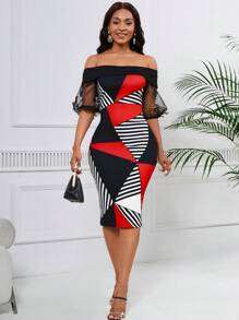 SHEIN Lady Damen Geometrisches Print Bodycon Kleid Mit Durchsichtigen Maschennetz Kurzarmen - Verschiedenfarbig - Übersicht 3