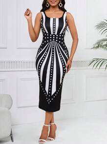 SHEIN Lady 無袖 U 領長連身裙 - 黑與白 - 查看 5