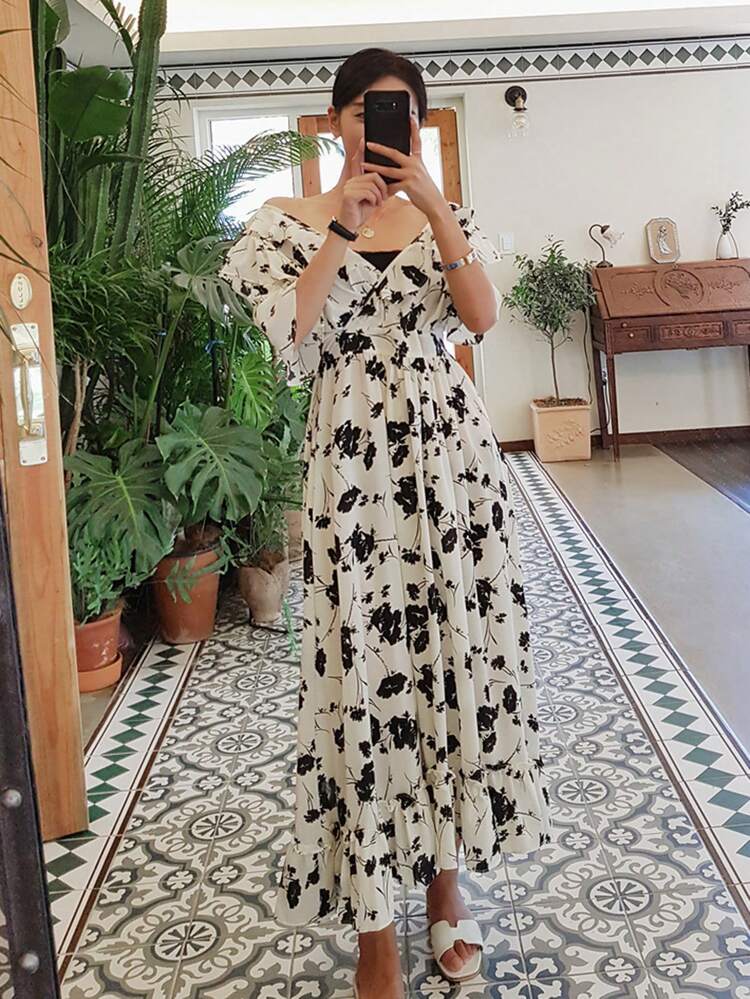 Women's Floral Print Splice Dress With Ruffle Hem Sundress Vacation Outfits Women Boho