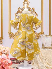 SHEIN Young Girls' Floral Jacquard Patchwork Tape Trim Round Neck Dress - Yellow - View 2