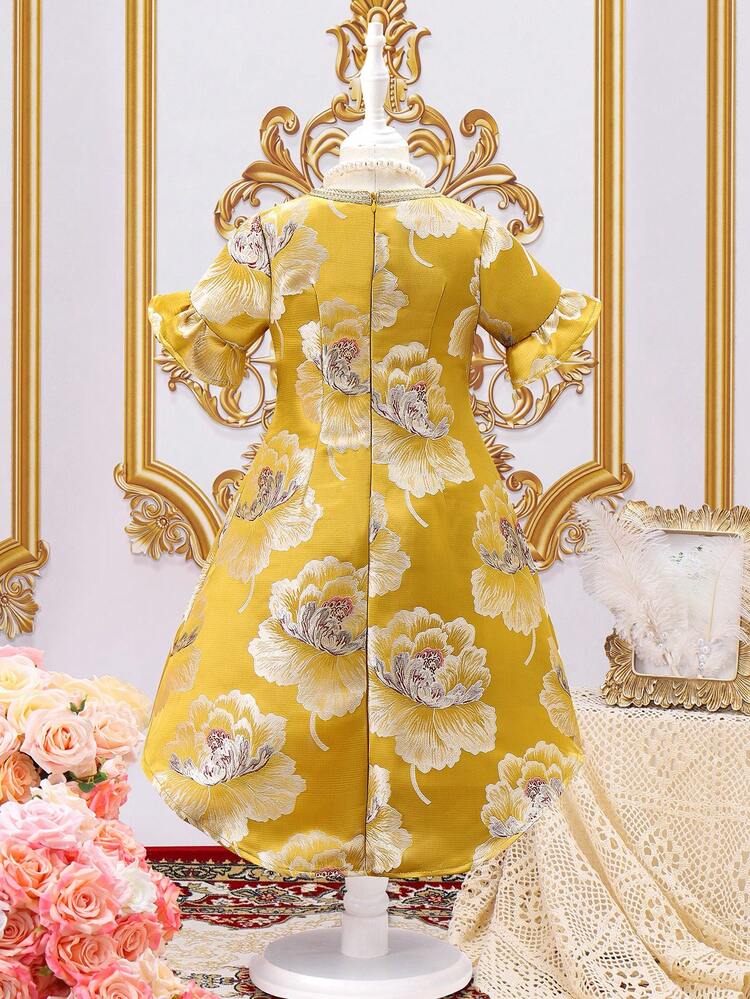 Young Girls' Floral Jacquard Patchwork Tape Trim Round Neck Dress