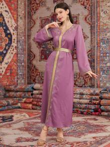 Al Najma 女士金色系带阿拉伯连衣裙 - 紫色 - 查看 3