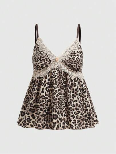 Kawaii Top de tirantes con estampado de leopardo y ribete de encaje para mujeres, escolar