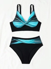 Swim Lushoire Summer Beach Women's Color Block Striped Twist Knot Bikini Set Carnival