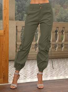 Joyfunear Flap Pocket Side Cargo Pants - Army Green - View 3