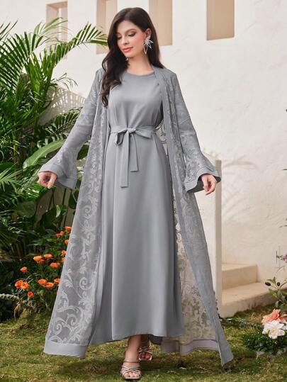 Al Najma Conjunto de bata y vestido modesto de manga larga estilo árabe para mujer